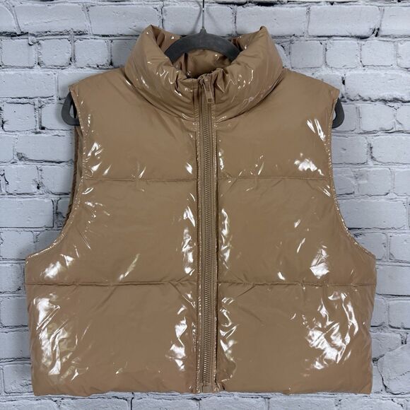 K-ZELL Paris Faux Leather Cropped Puffer Vest Taupe Full Zip High Neck - Picture 1 of 6